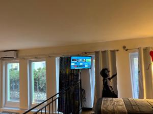 a bedroom with a flat screen tv on the wall at Exclusive Loft degli Artisti in Florence