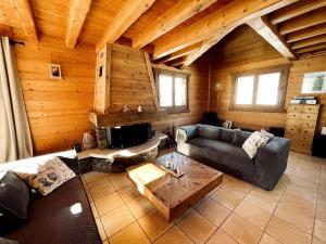 a living room with a couch and a fireplace at Chalet Les Oursons in Bonnevaux