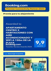 APARTAMENTO SITUADO EN EL CENTRO CON 3 HABITACIONES, DISPONE DE AIRE ACONDICIONADO Y WIFI A 150m DE LA PLAYA Y EL CASTILLO的证书、奖牌、标识或其他文件
