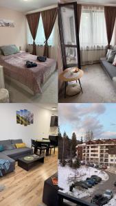 a collage of photos of a bedroom and a living room at Borovetz Gardens MVS Apart E28 in Borovets