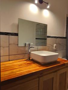 une salle de bain avec un lavabo et un miroir sur un comptoir dans l'établissement Connection to Nature, à Estación Costa Azul 8 autres photos
