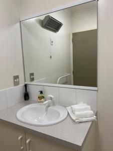 un bagno con un lavandino e un grande specchio di Methven Mountain View Apartment a Methven