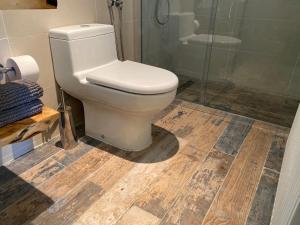 a bathroom with a toilet and a shower at Refugios Australes en Corralco in Malalcahuello +55 photos