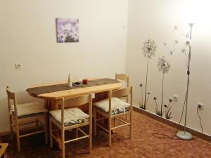 a dining room table and chairs with a flower mural at Apartment Rendulic in Rakovica