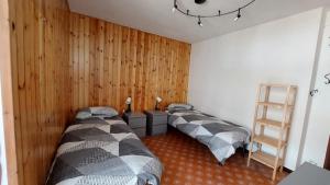 two beds in a room with wooden walls at LinHaus in Limone Piemonte