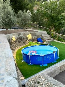 ein blauer Whirlpool auf dem Rasen im Hof in der Unterkunft Casa do Norte in Póvoa de Lanhoso
