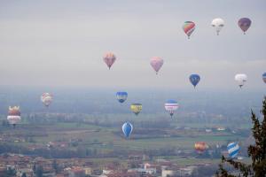 a bunch of hot air balloons in the sky at La piccola Maison in Mondovì