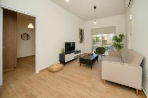 Near City center 1 bedroom flat في نيقوسيا: غرفة معيشة مع أريكة وتلفزيون