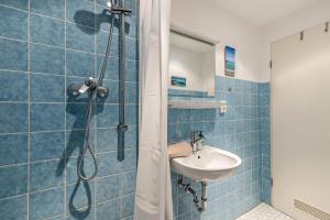 a bathroom with a shower and a sink at Kleines, Feines Appartement in Dortmund