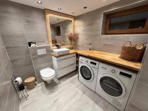a bathroom with a washing machine and a sink at Apartament pod lasem - przy szlaku na Turbacz, w pobliżu wyciągów narciarskich in Nowy Targ