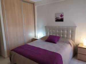 ein Schlafzimmer mit einem großen Bett mit einer lila Decke in der Unterkunft Vera Playa Apto 1-4 Personas Piscina Parking WI-FI in Playas de Vera + 23 Fotos