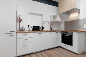 a kitchen with white cabinets and a counter top at Die Alter Schwede Wohnung 2 in Vechta