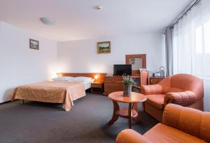 pokój hotelowy z łóżkiem i kanapą w obiekcie Wołosań B&B w Cisnej