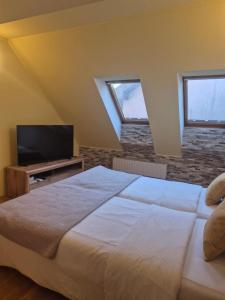 a bedroom with a bed and a flat screen tv at Wine House Kaloh in Maribor