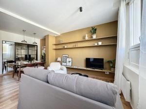 a living room with a couch and a tv at Le pétillant champenois in Reims