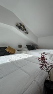 a white bedroom with two beds and a potted plant at Apartamentos Suites Olmedo in Olmedo