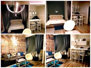 a collage of four pictures of a bedroom at My little paradise in Budapest