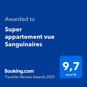 Certifikát, ocenenie alebo iný dokument vystavený v ubytovaní Super appartement vue Sanguinaires