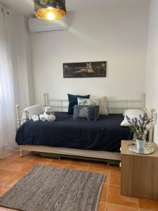 a bedroom with a bed with a blue comforter at Mex-Goretti House in Mairena del Aljarafe