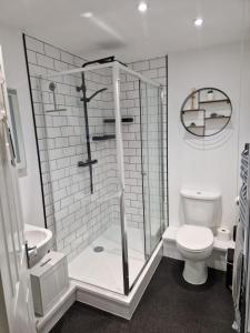 a bathroom with a shower and a toilet and a sink at Harbour View apartment in Portreath in Portreath