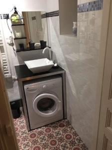 Un baño con lavabo y lavadora. en jolie studio meublé 407, en Vittel
