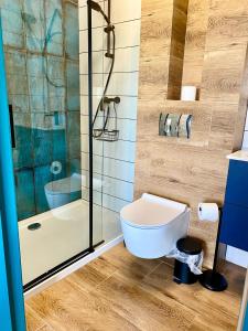 een badkamer met een toilet en een douche bij Apartamenty Czerwone Korale in Chłopy +47 foto's