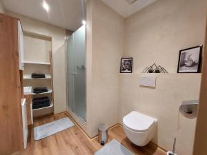 a bathroom with a toilet and a glass shower at Ferienwohnung Tommarlhof in Söll +30 photos