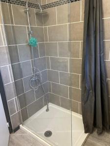 a shower with a glass door in a bathroom at Gite pour 8 personnes 4 chambres in Piscop +10 photos