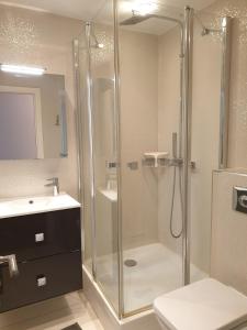 a bathroom with a shower and a toilet and a sink at Appartement 115 m2 Garage Tram Lille St Maur in Lille