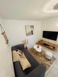 a living room with a blue couch and a tv at La pause Biardaise -Appartement 2 chambres à Biard in Biard +21 photos