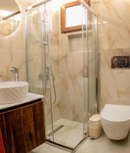 a bathroom with a shower and a toilet and a sink at Zoli house in Pefkochori +30 photos