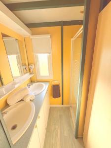a bathroom with two sinks and a mirror at Chalet à la ferme in Pouylebon