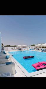 a large swimming pool with red pillows in it at Selina Bay Resort in El Gouna