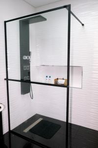a shower with a glass enclosure in a bathroom at Ruhiges Modernes Haus Parkplatz WLAN Whirlpool in Aveiro +16 photos