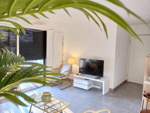 a living room with a flat screen tv and a table at Henea in Saint-Paul-lès-Dax