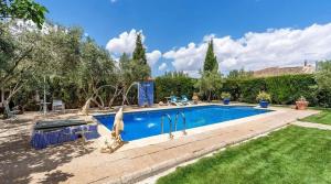 a swimming pool in a yard next to a grassy field at Spacious villa with mountain view and pool in Baza in Baza +31 photos