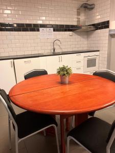 a wooden table in a kitchen with a potted plant on it at Bredsands camping och bad Vandrarhem in Enköping