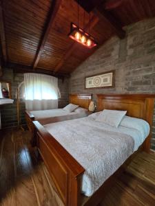 a bedroom with two beds in a wooden room at cabaña el rio 2 in Zacatlán