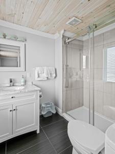 a bathroom with a shower and a toilet and a sink at Edge of the Avalon Inn in Trepassey