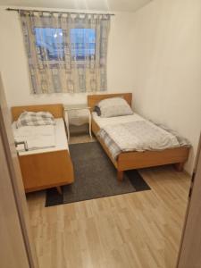 deux lits dans une petite pièce avec une fenêtre dans l'établissement Komfort Wohnung zur Alleinnutzung, à Mengkofen