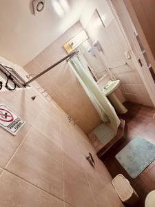 a bathroom with a shower with a toilet and a sink at House 1903 in Ushuaia +40 photos