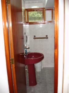 a bathroom with a red sink and a toilet at Swiss Chalet en Canta in San Miguel +25 photos