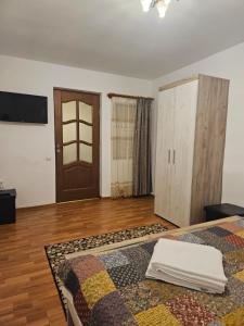 a bedroom with a bed and a door and a television at Casa Stely in Râşnov