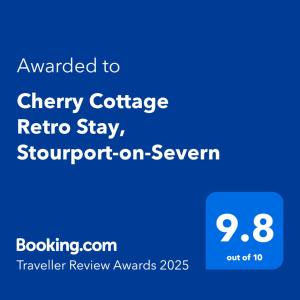a screenshot of a phone screen with the text awarded to cherry cottage reflex stay support at Cherry Cottage Retro Stay, Stourport-on-Severn in Stourport +28 photos