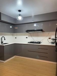 a kitchen with gray cabinets and a stove top oven at Habitaciones casa Bella in Lima