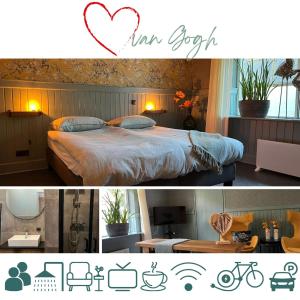 a bedroom with a bed with a heart on the wall at B&B Hartje Drenthe in Westerbork +8 photos