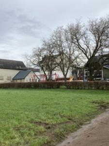 un campo de césped con árboles y un parque infantil en FeWoMo Stilvolles EG Appartment, Brauneberg, 4 Pers, Boots Slipanlage, Moselradweg, Seniorengerecht, en Brauneberg