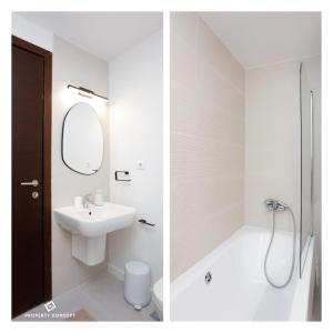 Dos fotografías de un baño con lavabo y ducha. en Fancy 2BR Pipera Apartment, en Voluntari