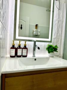a bathroom sink with three bottles of wine on it at Studio à 1 min de la plage ! in Sainte-Luce +7 photos