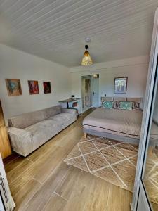 a living room with a bed and a couch at Studio à 1 min de la plage ! in Sainte-Luce